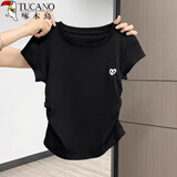 啄木鸟正肩短袖t恤女圆领爱心刺绣夏季新款褶皱收腰半袖上衣 黑色 2XL