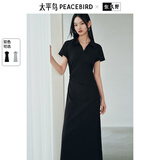 太平鸟女装连衣裙POLO领长款A字收腰春短袖裙休闲长裙女 黑色 L