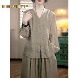 夏典素订女王（SE.PSTP）时尚复古棉麻套装女2025夏季新款轻奢宽松显瘦减龄上衣+裤子 卡其色 L 106-115斤