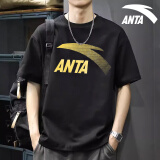 安踏（ANTA）t恤男士短袖夏季薄款圆领潮流大logo纯色舒适透气跑步上衣运动服 -2基础黑色/金标 2XL (185) 适合160-180斤