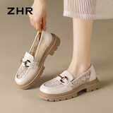 ZHR乐福鞋女软底百搭网面透气单鞋女英伦风粗跟女鞋 FTEP06E 米色 39