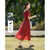 德玛纳【复古小玫瑰】夏季轻盈光泽莱赛尔方领荷叶袖腰带A字女式连衣裙