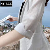 NY-RCE2025夏季棉麻小西装外套女秋季薄款英伦风休闲百搭压麻小西服七分 白色(七分袖) M