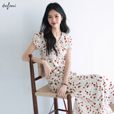 伊芙丽朱珠代言V领高腰线长款碎花连衣裙女2025夏季新款气质茶歇裙 米白 S
