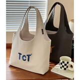 京智自创设计韩版文艺字母刺绣通勤帆布单肩腋下包休闲百搭学生托特包 米灰色