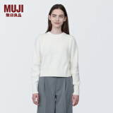 无印良品（MUJI）女式 棱纹编织 圆领短款针织衫 长袖女款 女装 薄款毛衣 米白色 M (160/84A)