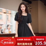 FOURDATRY法式连衣裙女夏季2025新款复古过膝收腰显瘦长裙子韩系穿搭 黑色 S 建议 80-90斤