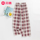 芬腾棉绸睡裤女士夏季薄款大码人棉沙滩外穿家居服宽松裤子遛弯裤 时尚红格 含莱赛尔不易缩水 均码 【建议85-160斤】
