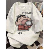 灿图美式潮牌重磅蜡笔小新短袖t恤男夏季宽松半截袖情侣打底衫上衣服 白灰色 XL 【建议120-140斤】