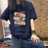 爱依服2025年新款纯棉短袖T恤女夏季美式潮牌大码女装宽松休闲打底上衣 藏青色 (小鹿) L 110-125斤