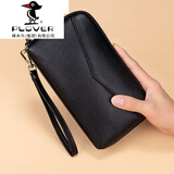 PLOVER头层牛皮手包女2025新款长款钱包大容量女士手拿包真皮手抓包新品 黑色
