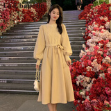 拉夏贝尔（La Chapelle）长袖针织连衣裙女装新款2025年秋冬小个子宽松中长款裙子打底裙春 杏卡其色 M