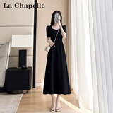 拉夏贝尔（La Chapelle）高级感赫本风短袖连衣女夏2025年新款显瘦收腰长U领显瘦连衣裙 黑色 L 建议115-130斤