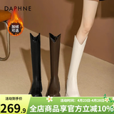 达芙妮厚底V口长筒靴女2024秋冬新款女靴高筒靴显瘦百搭增高骑士靴子女 黑色【加绒款】 38