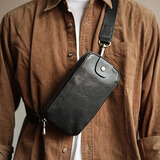 玛西奴真皮男士胸包夏季手机包多功能小包头层牛皮腰包单肩斜挎手拿包潮 黑色