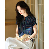 德玛纳【75D加捻纱衬衫】夏新品短袖条纹印花衬衣女装上衣