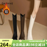 达芙妮厚底V口长筒靴女2024秋冬新款女靴高筒靴显瘦百搭增高骑士靴子女 黑色【加绒款】 37