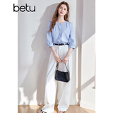 百图betu女装2025夏季新款衬衫圆领时髦条纹100%棉七分袖衬衫2503T43 蓝色 S