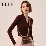 ELLE女包新款老花链条水桶福袋钥匙斜挎包圣诞礼物24449棕