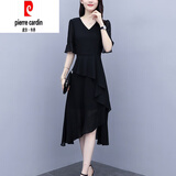 皮尔卡丹（pierre cardin）雪纺连衣裙子女装夏装2025年夏季新款爆显瘦气质洋气长裙 黑色 2XL (120-130斤)