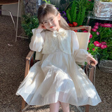 皮尔卡丹（pierre cardin）童装女童连衣裙秋季2025新款春秋装儿童公主裙中大童中式珍珠裙子 春秋款米白色aggskqm 150