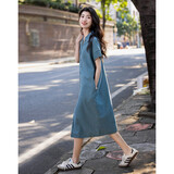 德玛纳【实穿主义】夏季简约风翻领云朵棉宽松舒适短袖女式牛仔连衣裙