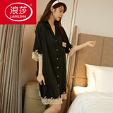 浪莎（LangSha）真丝睡裙女士春秋季衬衫式气质睡衣薄款大尺码缎面睡袍家居服 9222#黑色 L 【建议90-160斤】