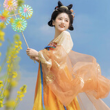 重回汉唐长安渡原创唐制齐胸衫裙破裙套装国风汉服女款春夏 上浅黄下橘黄齐胸套装/现货 M 160