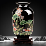 傲世景德镇陶瓷器新中式花瓶工艺品客厅摆件酒柜玄关茶室博古架装饰品 乌金釉清荷冬瓜瓶+底座