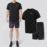 耐克（NIKE）健身服男跑步运动套装 Dri-Fit篮球训练速干衣裤晨跑服网球足球衣 黑色短袖T恤+短裤/两件套 M/170