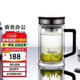 希诺（HEENOOR）双层玻璃杯男士耐热防烫带把带手柄商务办公玻璃水杯过滤茶杯子 时尚拉丝杯盖-带滤网 420ml
