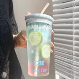 万家全夏季高颜值玻璃杯女奶茶杯家用水茶水分离杯子大容量吸管杯 简约玻璃杯【海蓝色】750ml