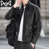 猫人夹克皮衣男春秋季外套机车服修身潮流休闲立领上衣 黑色 XL
