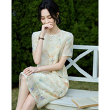 德玛纳【蝴蝶印花】夏季优雅风圆领宽松腰短袖A字后中拉链女式连衣裙