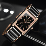 欧派（Oupai）长方形手表男士商务黑色陶瓷钢带石英表防水男表十大名牌方型腕表 玫金条钉男款