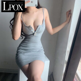 LPOX包臀裙夏季2025新款时尚低胸露肩螺纹纽扣包臀裙弹力修身连衣裙 灰色 L 建议105-115斤