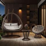 吊篮藤椅庭院双人吊椅懒人椅摇椅阳台秋千摇篮椅室内吊床家用吊兰 【双人双杆】仿木纹+茶几+旋转椅 送九件套