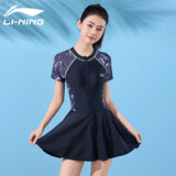 李宁（LI-NING）泳衣女连体裙式平角塑身修腰泳衣高弹透气温泉度假泳装502黑花XXL