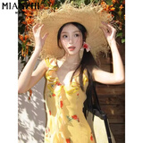 棉致法式V领黄色碎花吊带连衣裙女夏季2025新款气质收腰显瘦甜美长裙 178黄色【高品质42.5】 L 100-115斤