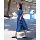 德玛纳【克莱因蓝】夏季法式纯棉抽褶宽松腰泡泡袖A字中长女式连衣裙