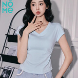 NOME正肩V领短袖t恤女夏季新款褶皱齐腰修身半袖 蓝色  XL 