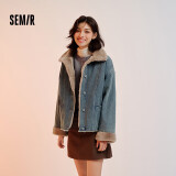 森马（Semir）牛仔棉服女拼接毛领美式复古2024冬宽松毛边夹克街头109724108017