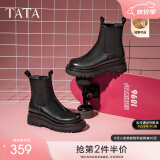 他她（TATA）英伦风切尔西靴女显瘦加绒厚底烟筒靴时装靴冬新GXB01DD3 黑色（单里） 35
