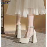 KULLA春秋气质高跟鞋小个子粗跟防水台芭比鞋玛丽珍超高跟鞋 米白色（12cm） 34