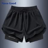 NASA GOOD运动速干短裤男士夏季潮流假两件薄款透气弹力宽松五分裤子 黑XL