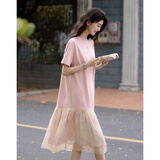 德玛纳【周末懒人穿搭】夏季法式圆领宽松腰短袖印花拼接T恤式女连衣裙