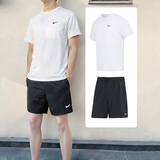 耐克（NIKE）运动套装男子两件套 夏季快干衣服 跑步健身训练圆领休闲短袖短裤 速干套装/白短袖DV9840+黑短裤 M/170