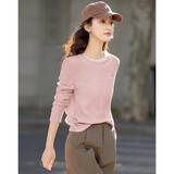 德玛纳【秒出街搭配】春季款简约风绣花金属标装饰舒适藏肉长袖女式t恤