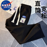 NASA MARVEL休闲裤男春秋裤子华夫格直筒阔腿宽松垂感运动长裤 黑色 XL