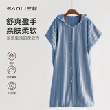 三利家居连帽浴裙女吸水速干不易掉毛浴巾式浴衣男情侣浴袍睡袍 蓝色